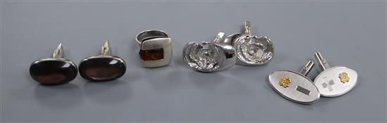 A stylish 925 and amber(a.f.) ring and three pairs of white metal cufflinks, including 925 and sterling.
